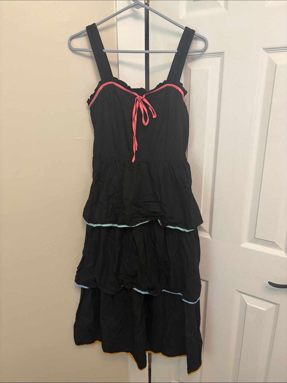 ODDY Black Tiered Dress with Pink Trim